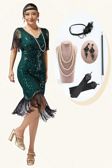 Dark Green Sequin Fringed Bodycon 1920s Dress with 5-Piece Accessories Set